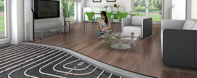 Podlahové topení Roth Tacker systém v obývacím pokoji
